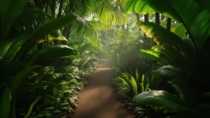 Obraz premium Lush tropical jungle trail bathed in soft golden light, inviting exploration and adventure in nature's embrace.