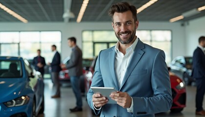 A smiling car salesman in a modern showroom holding a tablet, surrounded by luxury vehicles, embodying professionalism, confidence, and customer service in the automotive industry