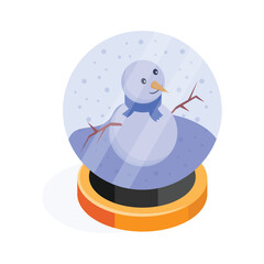Isometric icon of snow globe with a snowman scene inside