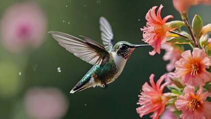 Fototapeta premium Exotic Hummingbird Captured in Motion Near a Flower