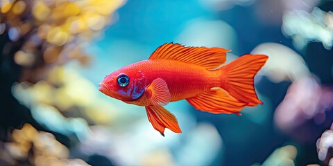 Closeup view of a vibrant red fish swimming gracefully in an aquarium, captured with a shallow depth of field, highlighting the beauty of the red fish in its aquatic environment.