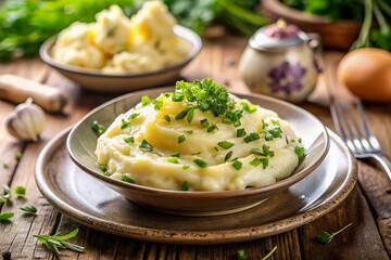 Creamy Mashed Potatoes with Butter and Fresh Herbs in Tilt-Shift Style, Showcasing a Gourmet Dish with a Soft Focus and Vibrant Colors, Perfect for Culinary Presentations and Food Blogs