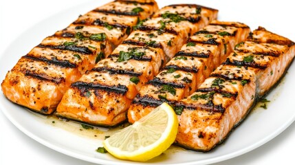 A plate of succulent grilled salmon fillets with a lemon herb marinade, Each fillet’s charred exterior and flaky texture captured with precision