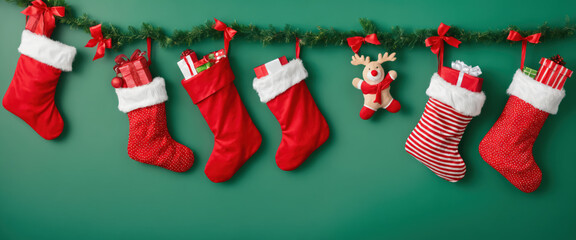 Banner with hanging red Christmas stockings on green background. 