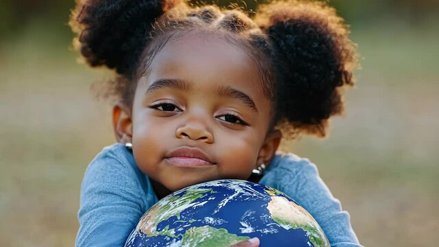 Young girl embraces a globe outdoors during a sunny afternoon