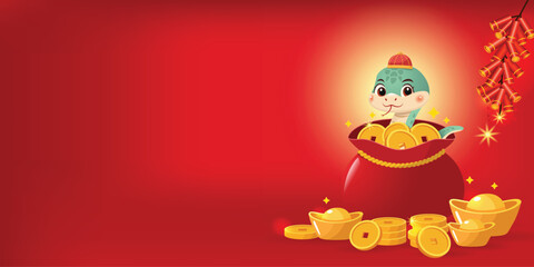 Fototapeta premium A cute snake surrounded by gold coins and firecrackers on red background with copy space for text. 