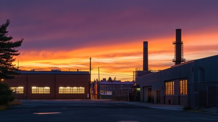Obraz premium Industrial scene at sunset with buildings and smokestacks illuminated by colorful sky.
