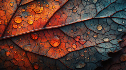 Red leaf texture, red leaf on the ground, red leaf on the stone: Autumn leaf macro, abstract nature pattern, close-up detail of red, yellow, and brown veins