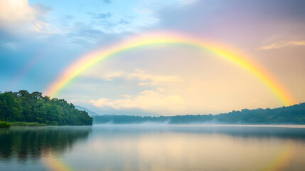 Naklejka premium hopeful scene of rainbow arching over calm lake, surrounded by lush greenery and soft mist. tranquil atmosphere evokes sense of peace and serenity