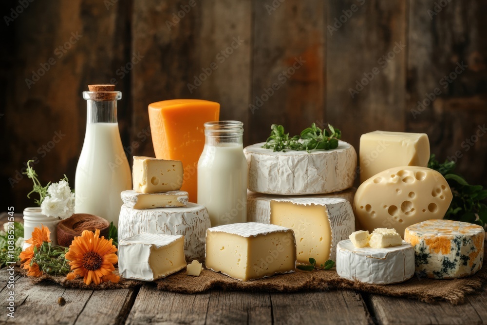 Aufkleber on a rustic wooden table, an array of dairy products including milk, various cheeses, and butter cre