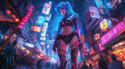 Fototapeta premium Cyberpunk Cityscape: Futuristic Anime Girl Amidst Neon Lights