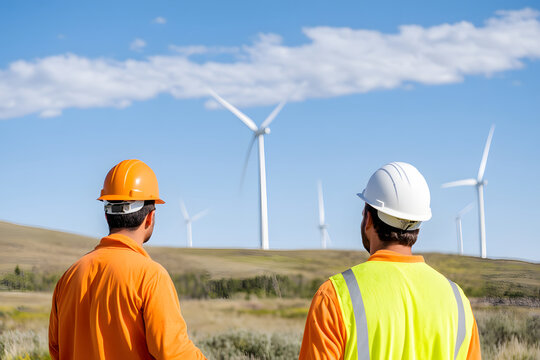 group of male technicians in safety gear observes wind turbines in rural landscape. Their focus on renewable energy reflects commitment to sustainability and innovation