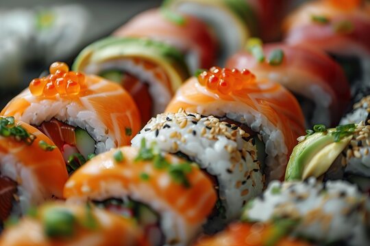 Closeup of assorted sushi rolls featuring salmon, avocado, rice, and various other ingredients. - Powered by Adobe