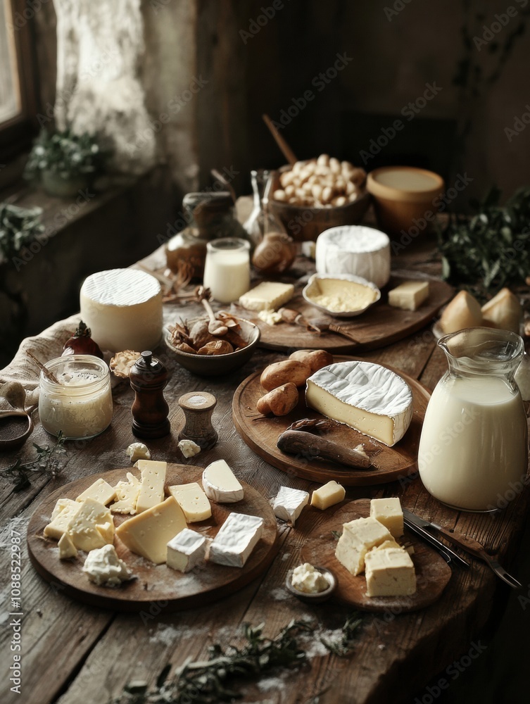 Poster a charming rustic wooden table displays a delightful selection of dairy products such as milk, vario