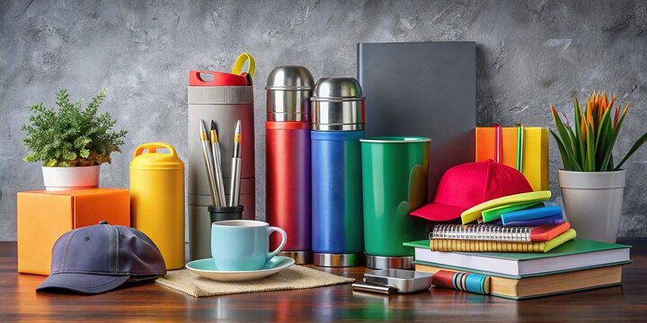 Promotional Products Display, Gift Sets, Merchandise, Grey Background