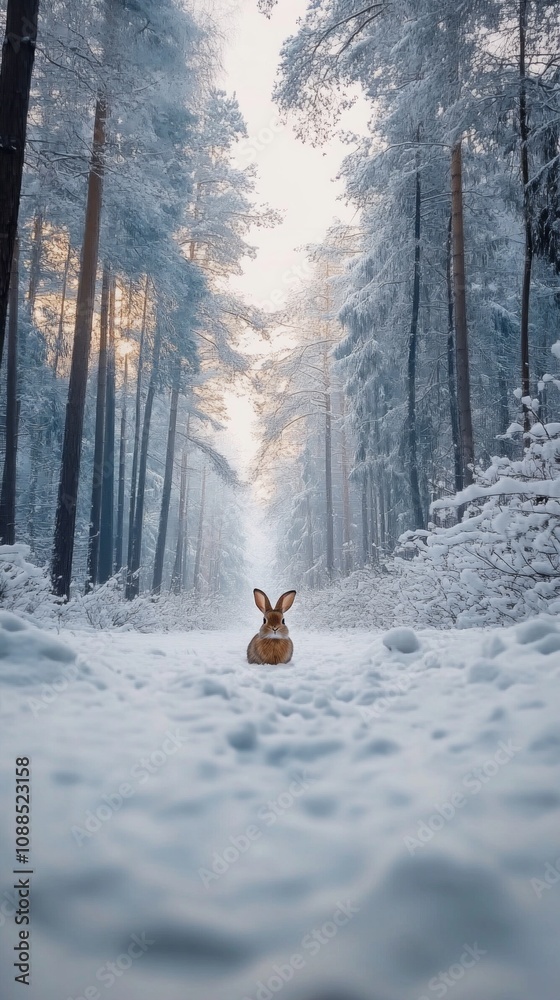 Poster a rabbit is standing in the snow in a forest