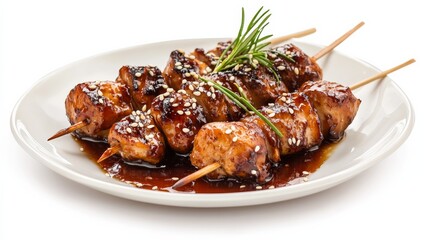 A plate of succulent teriyaki chicken skewers with a sesame seed garnish, Each skewer&rsquo;s caramelized glaze and tender meat captured with precision