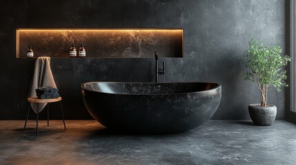 Modern Minimalist Bathroom: A sleek, black freestanding bathtub stands against a dramatic backdrop of dark grey concrete, illuminated by warm, ambient lighting.