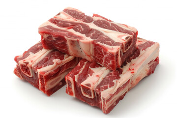 Fototapeta premium Three raw beef short ribs, marbled with fat, displayed on a white background. The meat is richly colored and appears very fresh.