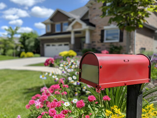 vibrant red mailbox stands in colorful garden filled with flowers, enhancing charming curb appeal of beautiful home