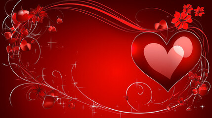 A red heart with shiny, reflective surface, surrounded by swirling vines and flowers on a red background with sparkling stars.