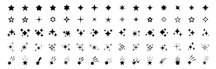 Stars icon collection. Different star shapes. Black stars icon set.  Sparkle star icon set. Vector illustration