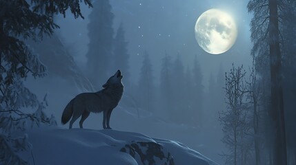 Obraz premium A lone wolf howls at the full moon in a snowy forest.