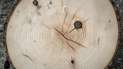 Close-up of a birch tree cut surface showing detailed growth rings and natural textures, ideal for backgrounds, woodworking designs, or nature-themed projects. 