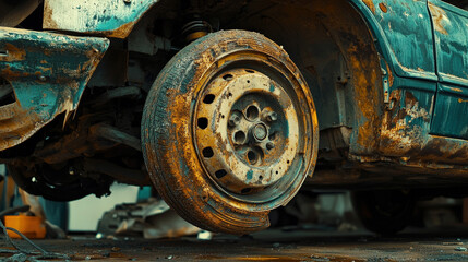 Weathered wheels of a rusty, heavy-duty vehicle, likely used in construction or agriculture