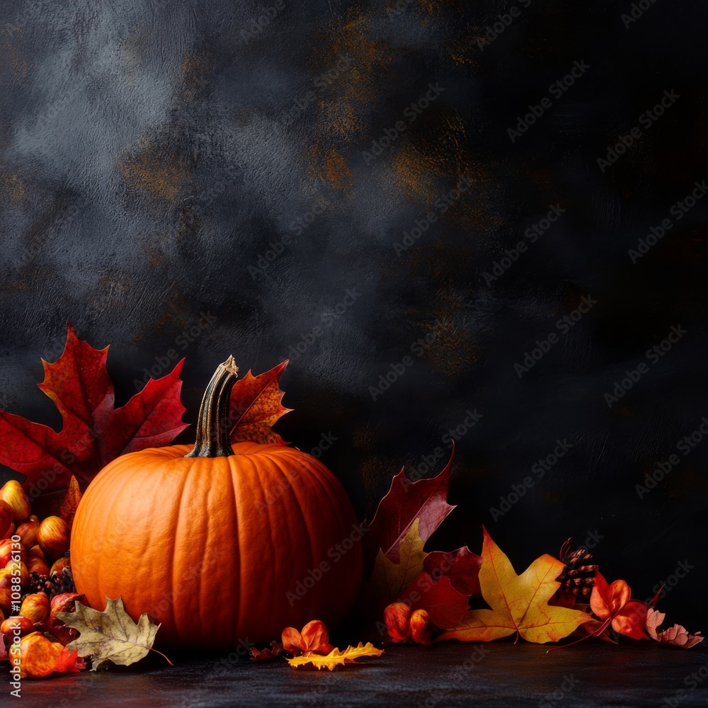 Poster autumn leaves and a pumpkin create a thanksgiving scene against a dark background. plenty of space i