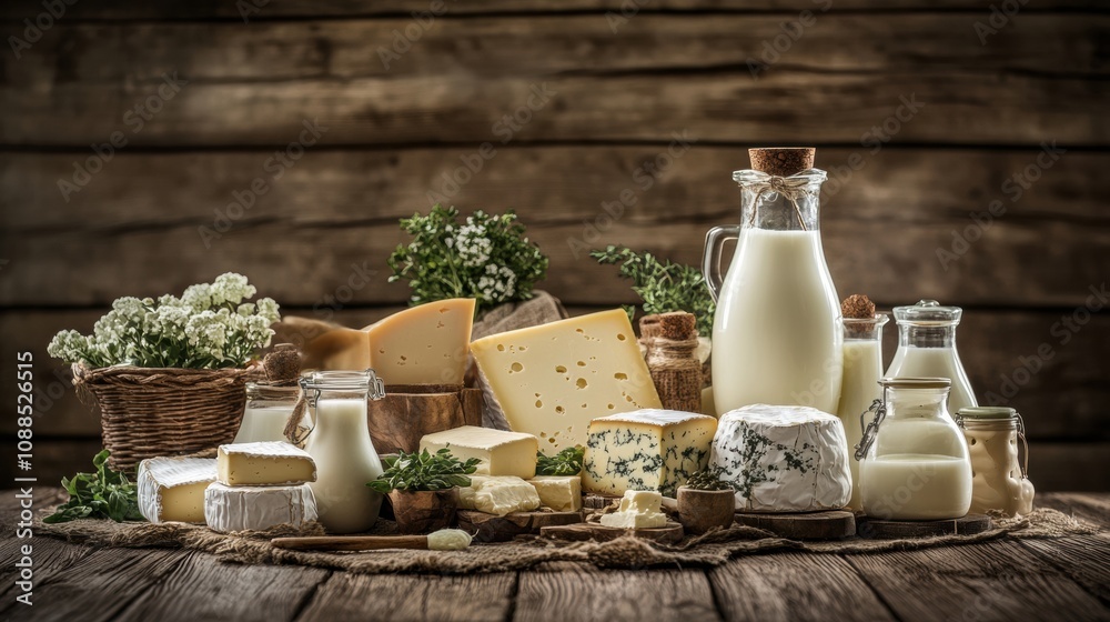 Poster a rustic wooden table is adorned with various dairy products like milk, cheese, and butter, creating
