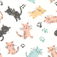 Playful cartoon cats in pastel colors with paw prints on a clean white background, creating a seamless and cheerful pattern