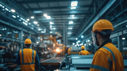 Workers in safety gear observe machinery in a large industrial facility.