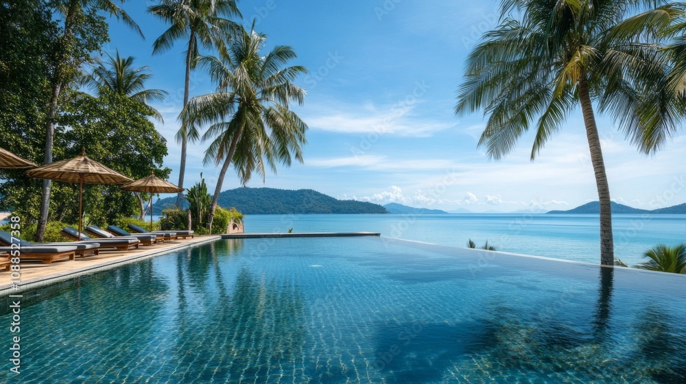 Poster a pool with palm trees in the background and a clear blue sky