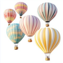 Hot air balloons of a cluster of hot air balloons in pastel shades, soaring gently, isolated on white.