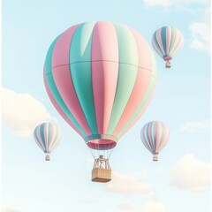 Fototapeta premium Hot air balloons of pastel pink and blue hot air balloon floating against a soft sky, isolated on white.
