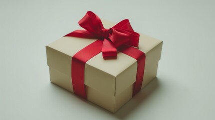Close-up of a beautifully wrapped gift box with red ribbon on a plain background. Birthday, anniversary, special occasion,copy space,marketing,joy,  love, generosity,Christmas, Valentine’s Day