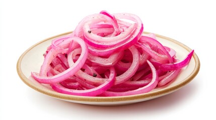 A plate of tangy pickled red onions, thinly sliced and marinated in vinegar and spices, Each slice crispy and bursting with tangy flavors