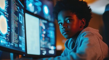 Fototapeta premium Young Boy Gazing at a Computer Screen with Code Visible