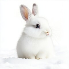 Obraz premium Winter animals of a white rabbit with pastel fur highlights, sitting on soft snow, isolated on white.