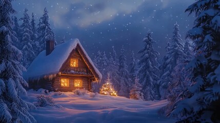Cozy cabin in a snowy forest at night with glowing lights.