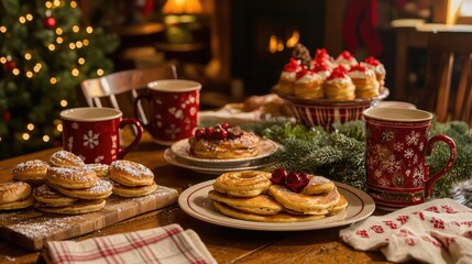 Festive holiday treats on a cozy table with decorations and warm ambiance.
