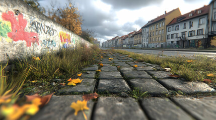 Cobblestone Street With Autumn Leaves - Illustration