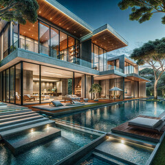 Fototapeta premium Architecture image of luxury modern design home backyard pool. Generative AI.