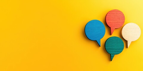 Colorful Wooden Speech Bubbles on Yellow Background, Representing Communication and Ideas
