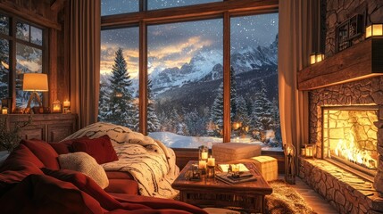 Cozy living room with a fireplace and snowy mountain view.