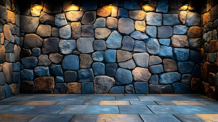 Stone Wall Room with Warm Lights 3D Render
