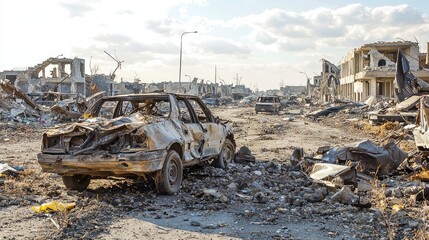 Fototapeta premium Desolate landscape with a burned car and ruined buildings.