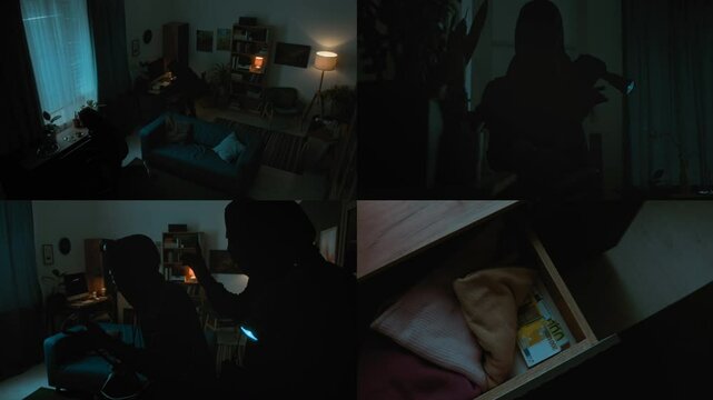 Split screen of burglars breaking into apartment at night and glancing around using flashlights, two packs of money in dresser drawer