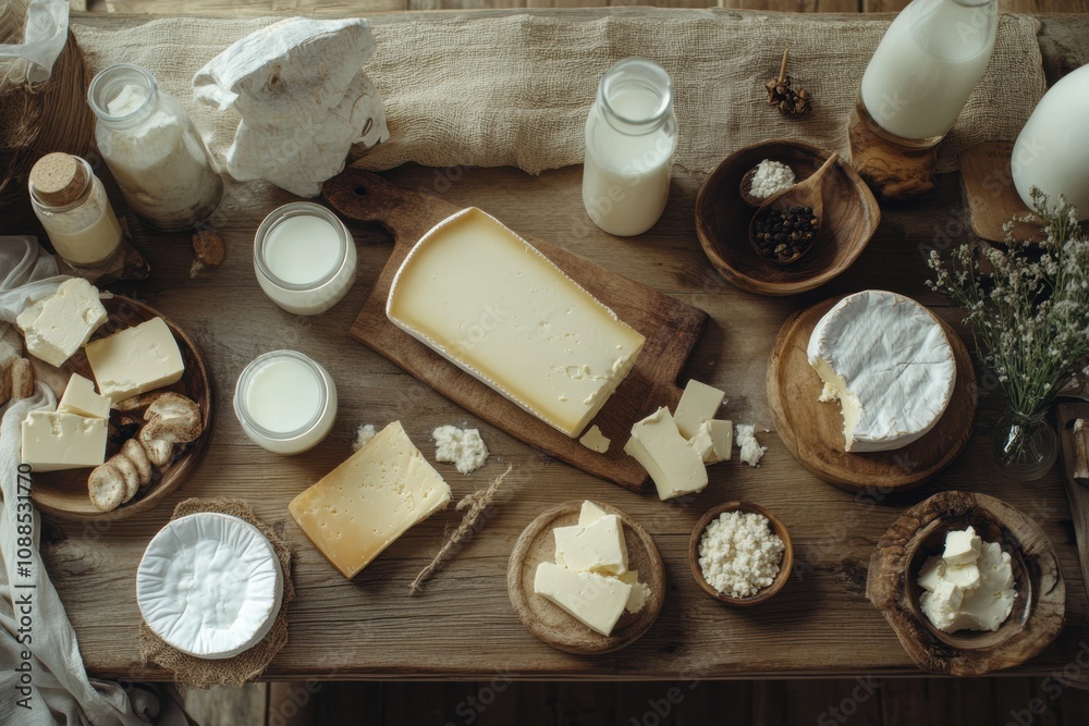 Leinwandbilder a charming wooden table features an array of dairy delights, including milk, butter, and different t